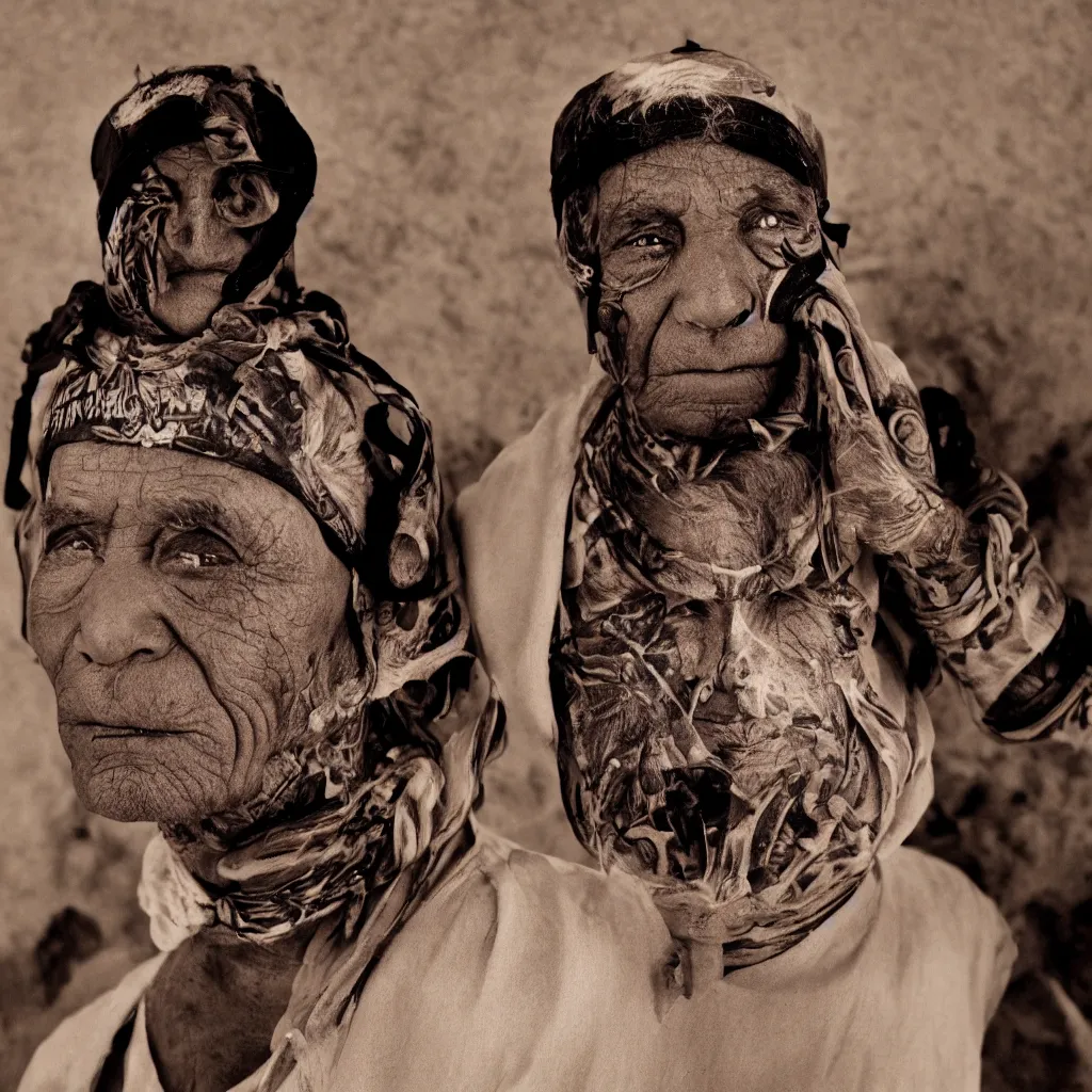 Prompt: a film still of an old indigenous tattooed man wearing black scarf a color rays helmet mask in porcelain sand dunes feature in vogue and gq editorial fashion photography beautiful eyes, close up shot, haute couture stares at the camera, cannon ef 1 0 5 mm f / 2. 8 in the grand budapest hotel, stars, bruce gilden