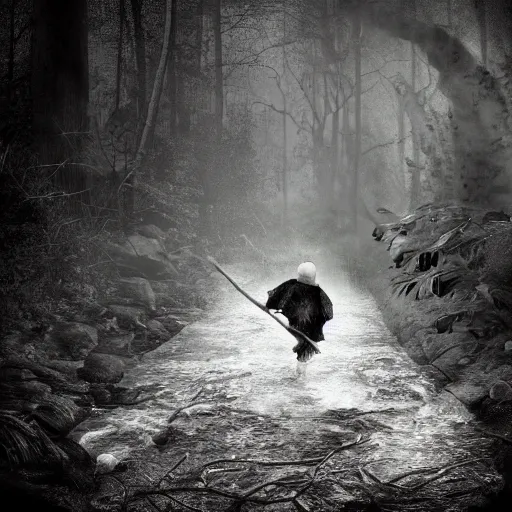 Image similar to a grave digger with remnants of angel wings is chasing a child through a creek in the woods, bad dream, hazy memory, volumetric, hyper realistic, dark black and white in the style of alvin schwartz, epic angles