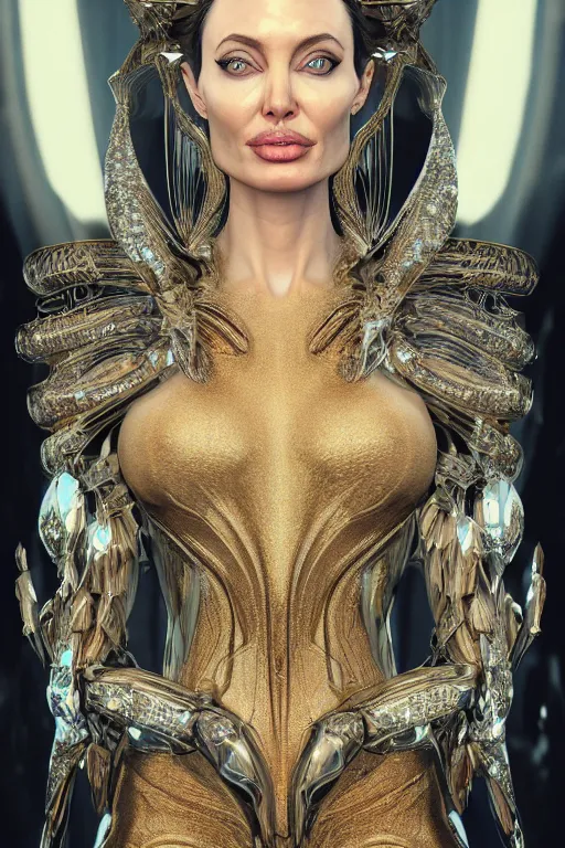 Image similar to a highly detailed 4 k render portrait of an alien goddess angelina jolie in iris van herpen dress schiaparelli armor in diamonds and lots of jewelry in style of alphonse mucha trending on artstation made in unreal engine 4