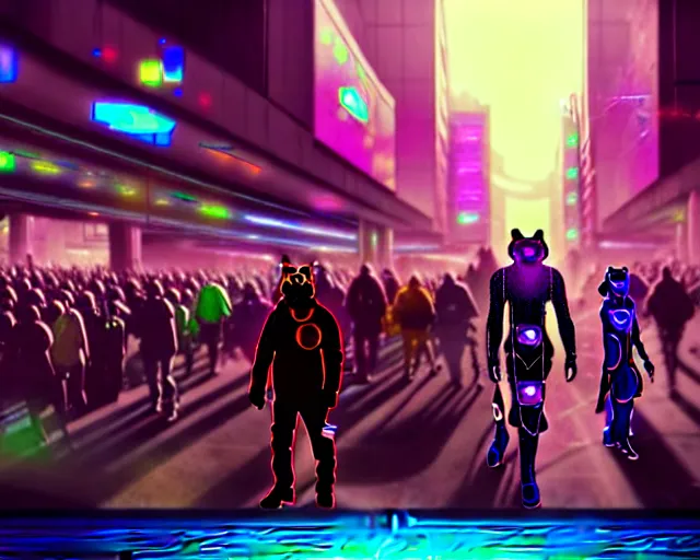 Image similar to high - resolution photograph from a cyberpunk era furry fandom convention ( midwest furfest 2 0 4 7 ), taking place after the genetic revolution and quantum singularity. photorealistic.