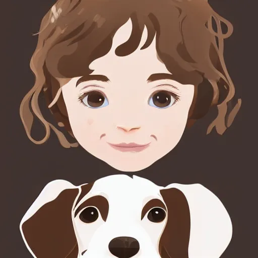 Prompt: a little girl with short wavy curly light brown hair with a wire haired jack russell terrier puppy, white with brown patches over both eyes. cute face. clean cel shaded vector art by lois van baarle, artgerm, helen huang, by makoto shinkai and ilya kuvshinov, rossdraws, illustration, art by ilya kuvshinov