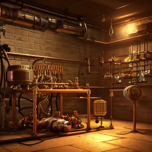 Image similar to 3D photorealistic render of a steampunk🫀, connected trough wired, on a advanced lab, octane render, 4k, unreal 5, very detailed, trending on artstation