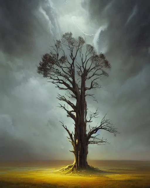 Image similar to a highly detailed epic cinematic concept art CG render digital painting artwork: Lone tree in lightning storm. By Greg Rutkowski, in the style of Francis Bacon and Syd Mead and Norman Rockwell and Beksinski, open ceiling, highly detailed, painted by Francis Bacon and Edward Hopper, painted by James Gilleard, surrealism, airbrush, Ilya Kuvshinov, WLOP, Stanley Artgerm, very coherent, triadic color scheme, art by Takato Yamamoto and James Jean