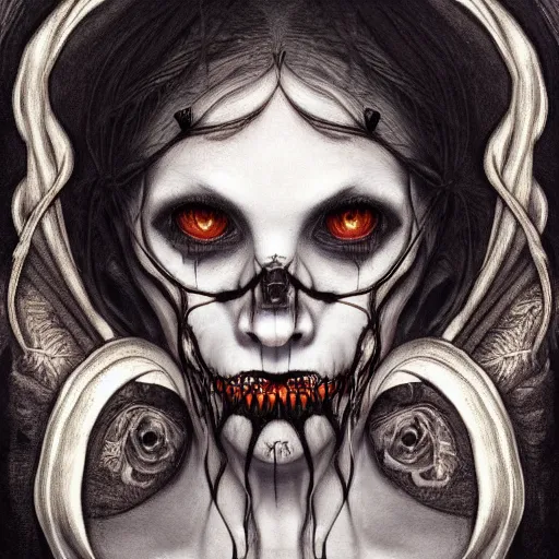 Image similar to hyperrealistic detailed scary creepy horrific beauty gothic portrait of fear in artnouveau style darksharp focus by anne stoke