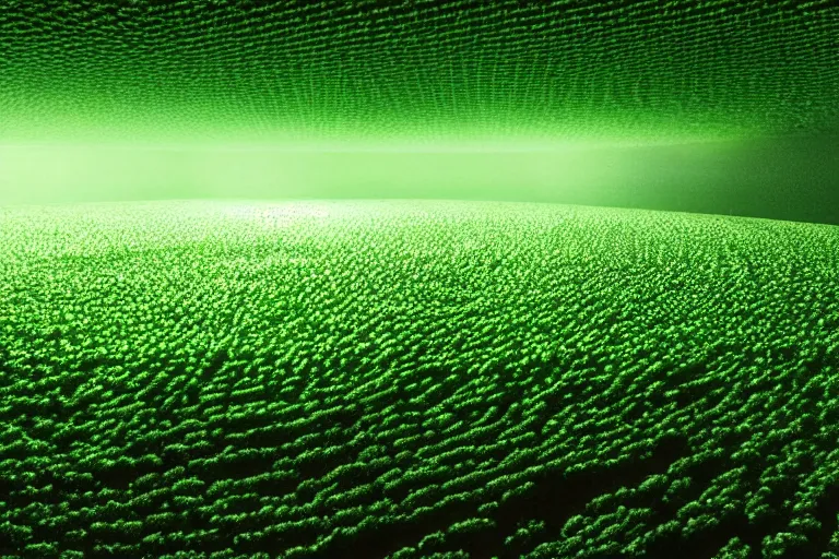 Prompt: an ultra realistic cinematic landscape of a serene vast landscape, green matrix code, detailed, deep focus, movie still, dramatic lighting, ray tracing, by werner herzog and ryoji ikeda