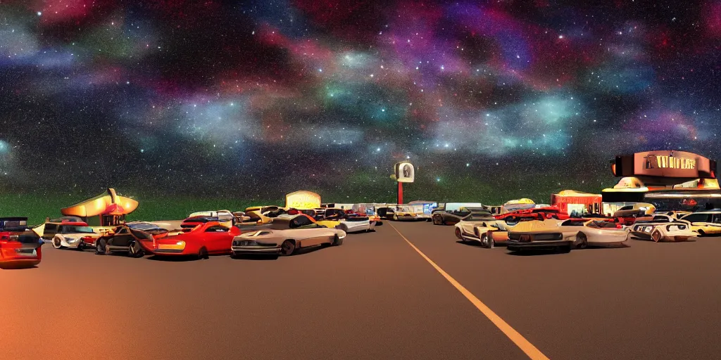 Image similar to a drive in movie theater with a line of cars, detailed, volumetric lighting, starry night, dusk