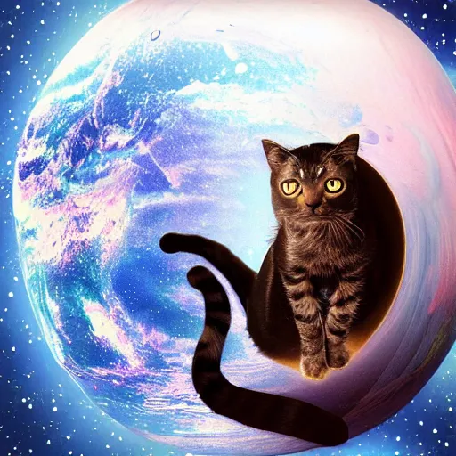 Prompt: A cat sitting on the planet earth in space, digital art