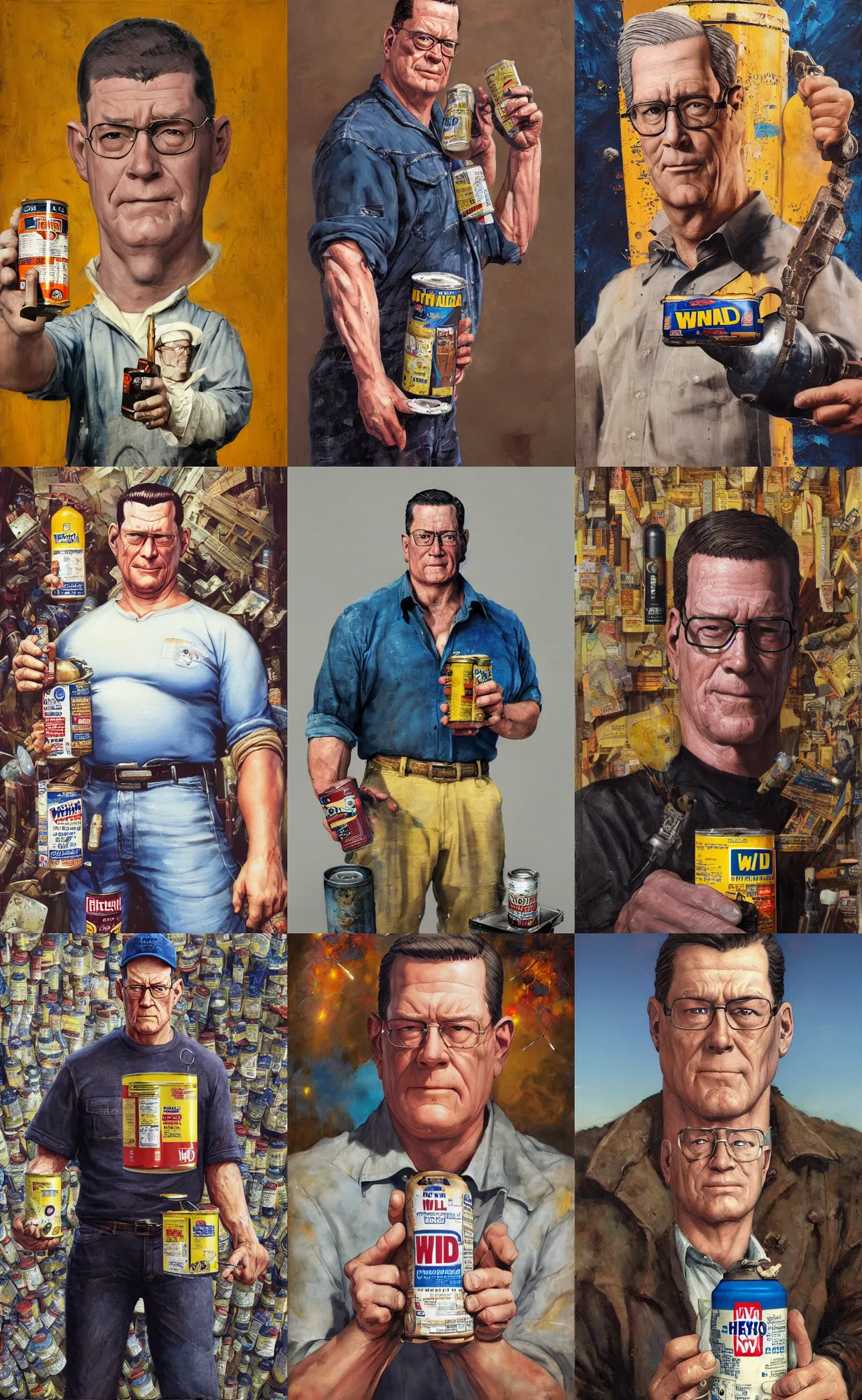 Prompt: A mixed media portrait painting of Hank Hill holding a can of WD-40 triumphantly, by Frank Frazetta, Greg Rutkowski, Beeple, Yoko Taro, Christian MacNevin, epic fantasy character art, roman numerals, high fantasy, CGsociety, full length, exquisite detail, post-processing, masterpiece, cinematic, coliseum backdrop