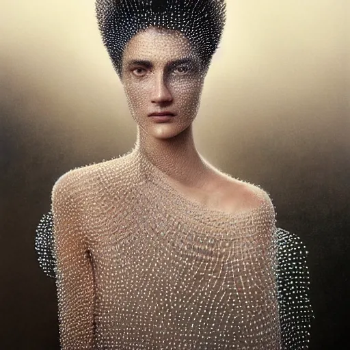 Image similar to full shot of a regal brown woman wearing an intricate and detailed armor made of dew drops. refracted light. morning dew. delicate. translucent. no makeup!! haunting eyes. vulnerable. fragile. ethereal. refracted light. by ray caesar. by louise dahl - wolfe. by andrea kowsch.