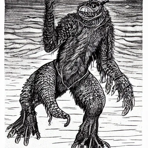 Image similar to a montauk monster as a D&D monster, full body, pen-and-ink illustration, etching, by Russ Nicholson, DAvid A Trampier, larry elmore, 1981, HQ scan, intricate details, Monster Manula, Fiend Folio