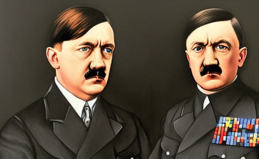 Prompt: portrait painting of adolf hitler was an austrian - born german politician who was the dictator of germany from 1 9 3 3 until his death in 1 9 4 5. he rose to power as the leader of the nazi party, becoming the chancellor in 1 9 3 3 and then assuming the title of fuhrer und reichskanzler in 1 9 3 4