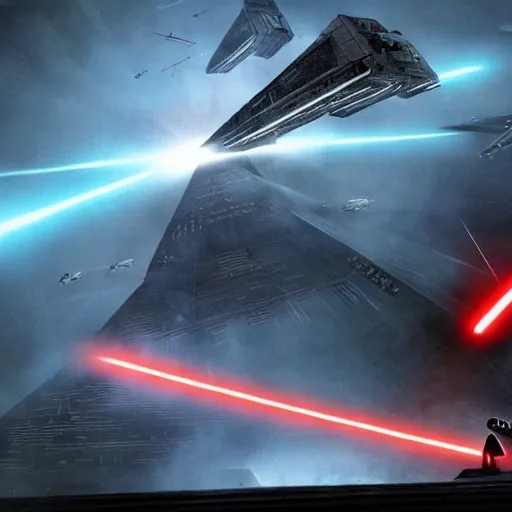 Image similar to darth vader using the force to bring down a star destroyer, epic, cinematic, concept art, incredible