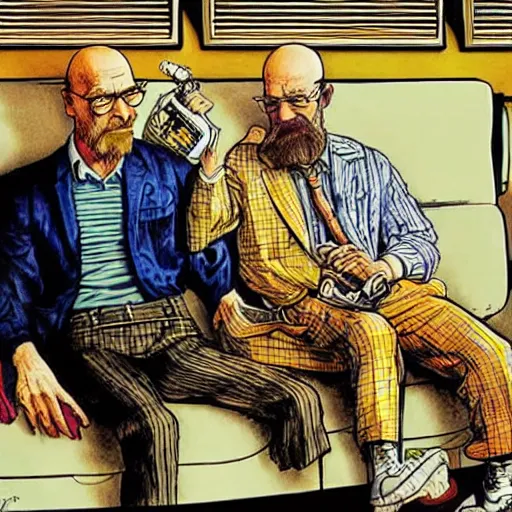 Image similar to The Artwork of R. Crumb and his Cheap Suit Breaking-Bad-Walter-White, pencil and colored marker artwork, trailer-trash lifestyle