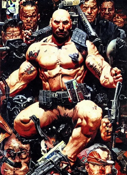 Prompt: full body and head portrait of dave bautista as the punisher, painted by norman rockwell and phil hale and greg staples and tom lovell and frank schoonover and jack kirby