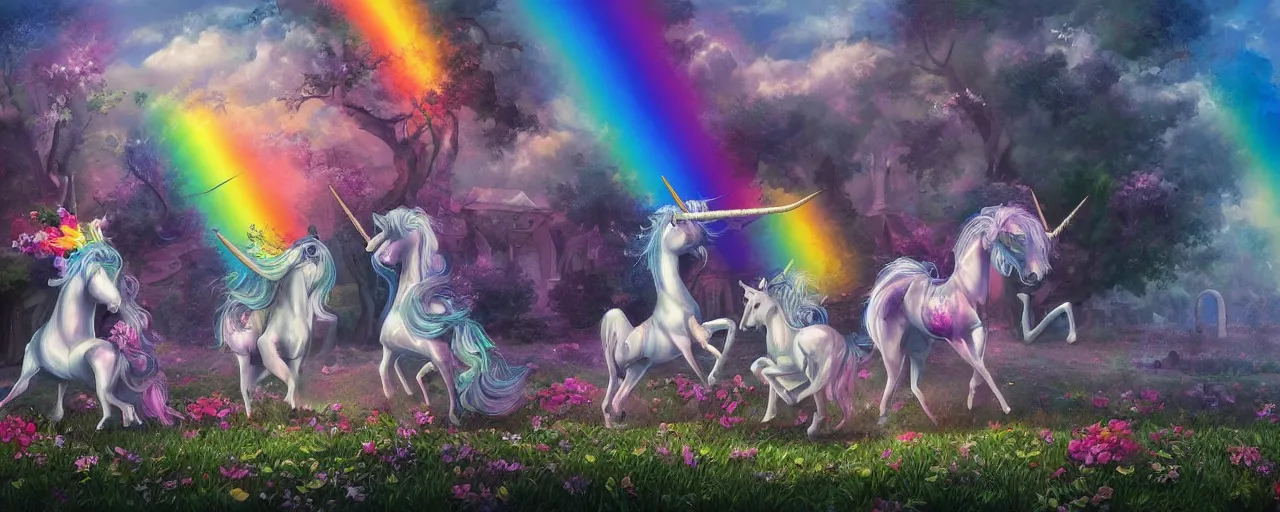 Image similar to a beautiful detailed mate painting of unicorns dancing under a rainbow on a graveyard'in the style of disney, existential horror, trending on cgsociety artstation, highly detailed, 8 k, masterpiece, super resolution.