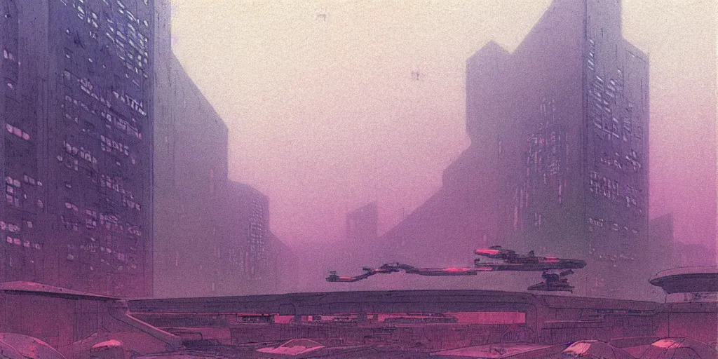 Prompt: grainy risograph matte painting of gigantic huge mech with huge swords, pastel matte colors, staying in the foggy huge parking station, by moebius, hyperrealism, intricate detailed