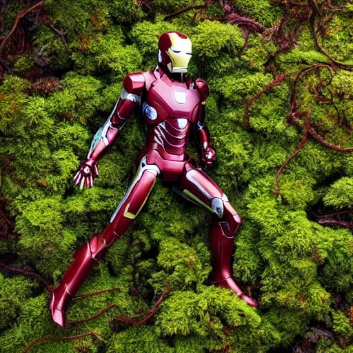 Prompt: abandoned iron man suit overgrown by moss in the middle of a forest, 4k realistic photo