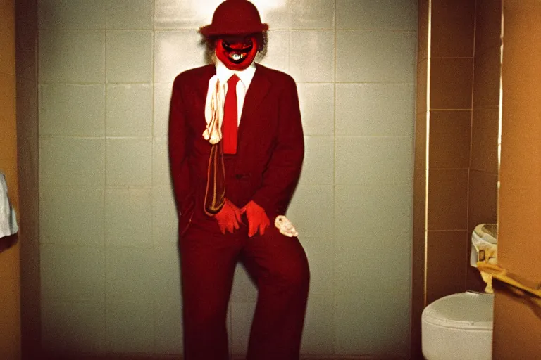 Image similar to close-up color film photography 1970s, sad clown stands in public bathroom, soft light, 35mm, film photo, Joel Meyerowitz