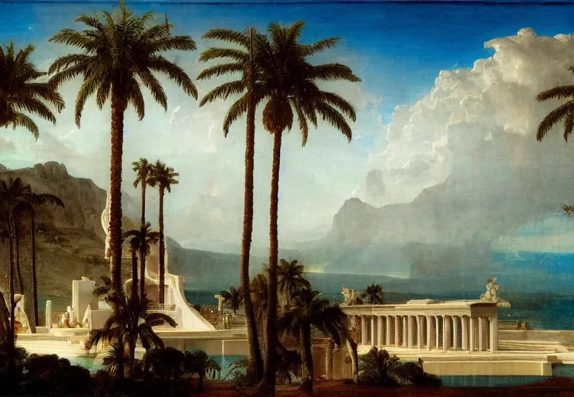 Image similar to Palace floating in the sky, 1km tall, thunderstorm, greek pool, beach and palm trees on the background major arcana sky, by paul delaroche, hyperrealistic 4k uhd, award-winning very detailed