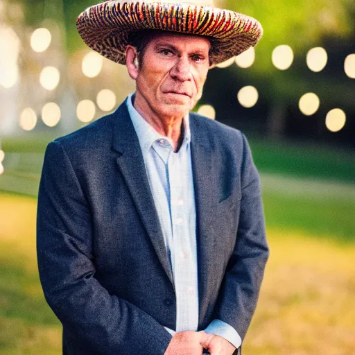 Image similar to A portrait of Kramer wearing a sombrero with a shallow depht of field, bokeh, dramatic lighting