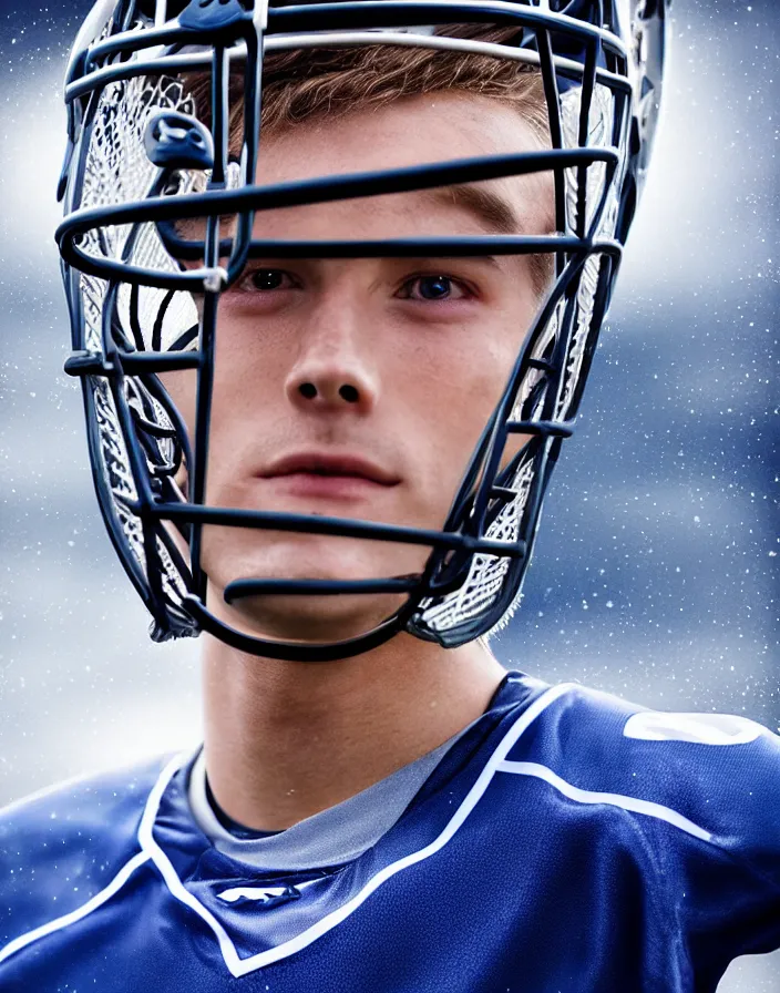 Image similar to closeup portrait of very beautiful cute male lacrosse player in a penn state stadium, glamour pose, particle effects, backlit, highly detailed, soft ambient lighting, sharp focus, rule of thirds, artgerm, wlop, arney freytag, rossdraws, frank frazetta, andrei riabovitchev, hd, octane, 4 k