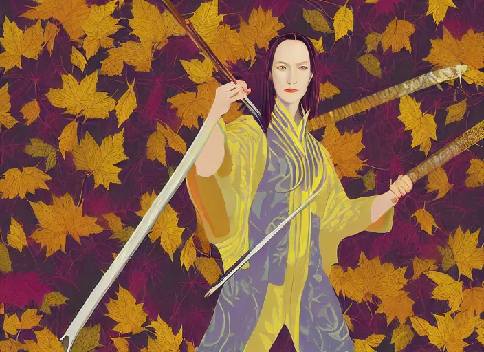 Image similar to breathtaking detailed pattern pastel colors, action scene from kill bill, with uma thurman ( kill bill ) in yellow kimono, swinging katana sword and autumn leaves, by hsiao - ron cheng, exquisite detail, enhanced eye detail