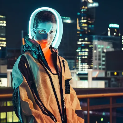 Image similar to photographic portrait of a techwear woman, closeup, on the rooftop of a futuristic city at night, sigma 85mm f/1.4, 4k, depth of field, high resolution, 4k, 8k, hd, full color