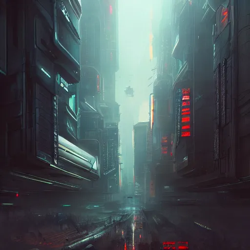 Image similar to Futuristic apocalyptic cyberpunk city by Schen Teng, asymmetrical, realistic painting, dark vibes, nightmare, geometric shapes, hard edges, china town, synth wave, trending on the artstation:2 by Greg Rutkowski:4