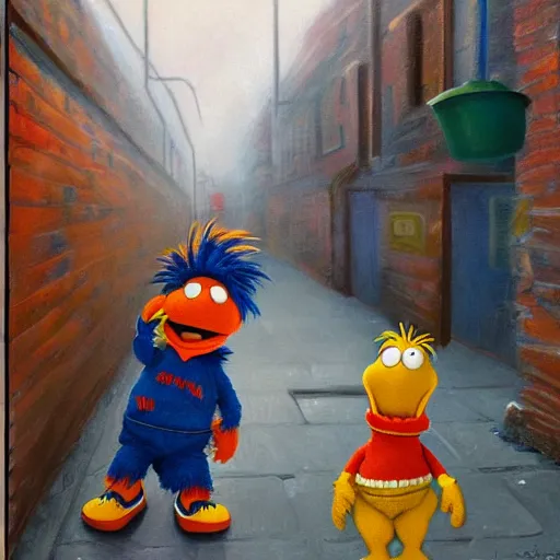 Prompt: Bert and Ernie urinating on a hobo in a back alley. Oil on canvas, hyperdetailed. In the style of Sesame Workshop and Studio Ghibli.