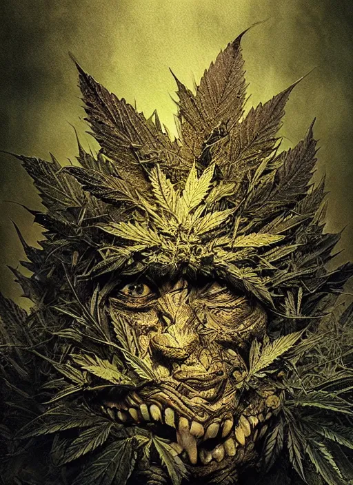 Image similar to Monster made of pot leaves, marijuana, watercolor, dramatic lighting, cinematic, establishing shot, extremely high detail, foto realistic, cinematic lighting, pen and ink, intricate line drawings, by Yoshitaka Amano, Ruan Jia, Kentaro Miura, Artgerm, post processed, concept art, artstation,