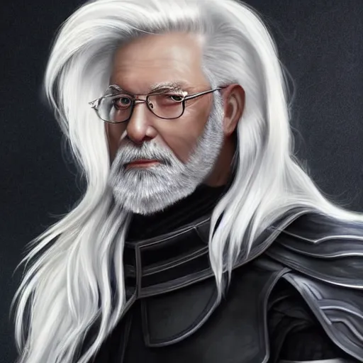 Prompt: an 8 0 year old man with long white hair and a white beard poses in his black armor and sword, art by artgerm