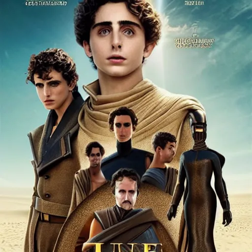 Prompt: Dune Characters Poster in Arabic, Timothée Chalamet is Paul, تيموثي شالاميت هو بول, cinematic HDRI 8K