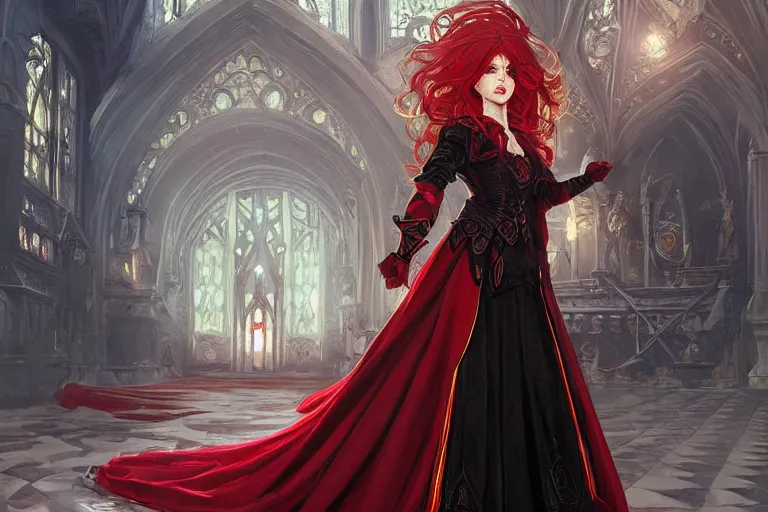 Prompt: female archmage, academy headmaster, long red hair, black and red ornate!!! dress,, d & d, castle hallway background highly detailed, digital painting, artstation, concept art, sharp focus, illustration, cinematic lighting, art by artgerm and greg rutkowski and alphonse mucha