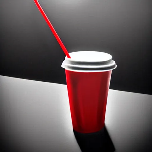 Image similar to white paper cup with red strip ring and a straw!!!, hyperrealistic, highly detailed, cinematic, volumetric sunlight, beautiful, cgssociety, artstation, 8 k, oil painting by greg rutkowski, by artgerm, by wlop