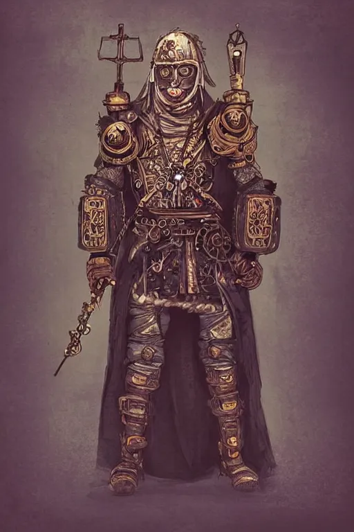 Image similar to beautiful calm bright ai generated fullbody character illustration of a very old timetraveller highpriest in ornated wooden armor and decorated sacred outfit and heavily equipped with steampunk cyberwares. rendered by machine.delusions. inspired by: @machine.delusions on instagram. Slightly reminds to boris valejho style. Fullbody portrait uncut centered cinematic, dramatic pose medieval combined with steampunk