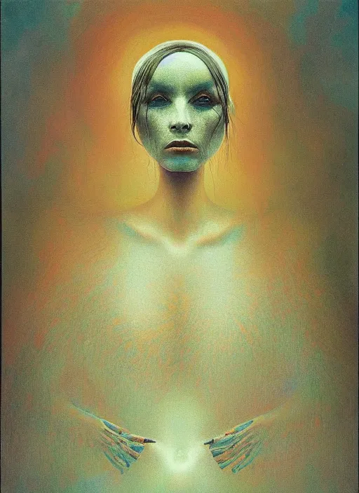 Image similar to dramatic portrait painting of woman with black mandelbrot fractal instead of face, in style of zdzisław beksinski,