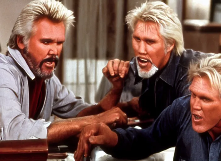 Image similar to film still of Kenny Rogers and Gary Busey yelling at a computer in the new You've Got Mail movie, 4k