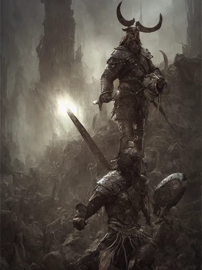 Image similar to viking warrior, as inquisitor medieval, dark, intricate, highly detailed, smooth, artstation, digital illustration by Ruan Jia and Mandy Jurgens and Artgerm and Wayne Barlowe and Greg Rutkowski and Zdislav Beksinski hyper realistic, dystopian, solarpunk, realism, magical imagery, best algorithm, digital cinema camera, cooke lens feel, wide angle, 3D modelling, digital art, art by Zbrush