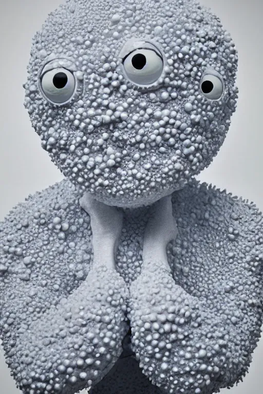 Prompt: full head and shoulders, beautiful porcelain female person, mixed with giant frog spawn eyes, smooth, delicate facial features, white detailed eyes, white lashes, 3 d white shiny thick, larg tentacles and eyeballs by daniel arsham and james jean