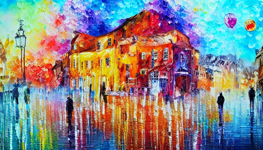 Image similar to town, painting on canvas, watedrops, water droplets, acrylic painting, acrylic pouring, painting, influencer, artstation - h 8 0 0