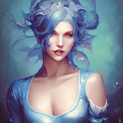 Image similar to a beautiful painting of a smiling woman with stylish short blue hair and sparkling blue eyes representative of the art style of artgerm and wlop and peter mohrbacher, portrait