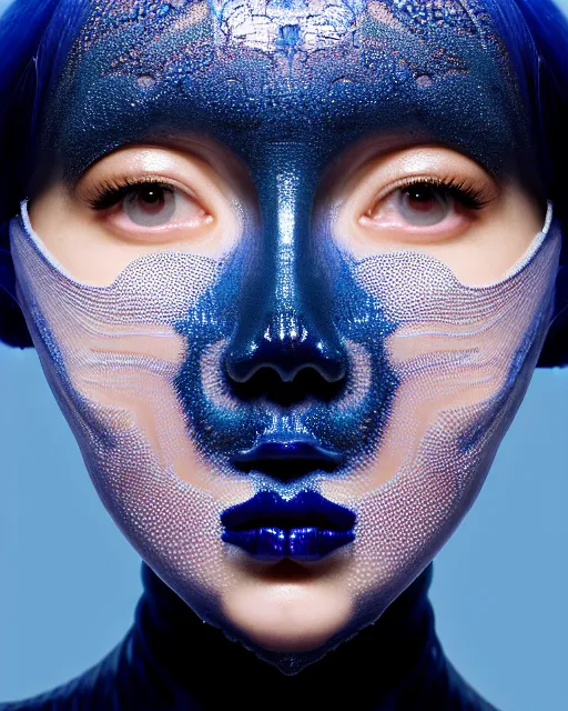 Prompt: symmetrical close - up portrait of a woman wearing a embroidered translucent silicone beauty mask and deep blue hair, wearing a black bodysuit by alexander mcqueen, black background, soft diffused light, biotechnology, humanoide robot, bjork aesthetic, translucent, by rineke dijkstra, intricate details, highly detailed, masterpiece,