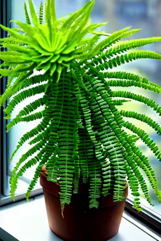 Image similar to an unknown exotic succulent fern shrubbery, a strange and weird potted plant is in a windowsill