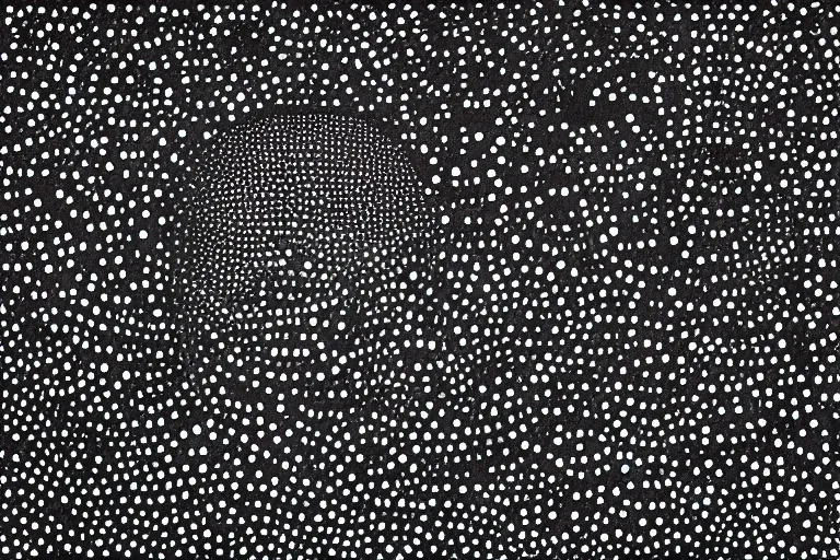 Image similar to face made out of space, faceless people dark, dots, drip, stipple, pointillism, technical, abstract, minimal, style of francis bacon, asymmetry, pulled apart, cloak, hooded figure, made of dots, abstract, balaclava, colored dots