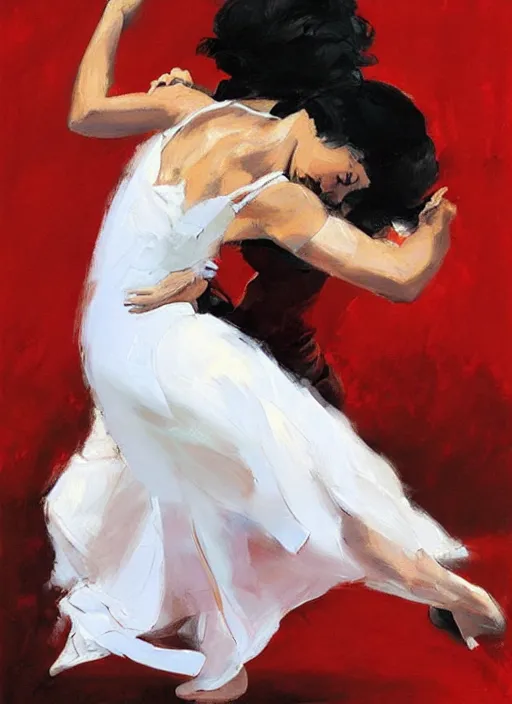 Image similar to emotional tango dancer girl in white and red dress, painting by phil hale, fransico goya,'action lines '!!!, graphic style, visible brushstrokes, motion blur, blurry, visible paint texture, crisp hd image