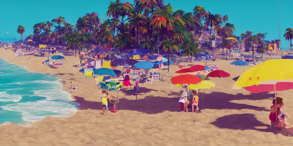 Image similar to a film still of a sunny, windy and colourful beach scene in santa monica, los angelos, narrow shot, low depth of field, wes anderson, studio ghibli, pixar and disney animation, sharp, rendered in unreal engine 5, anime key art by greg rutkowski, bloom, dramatic lighting