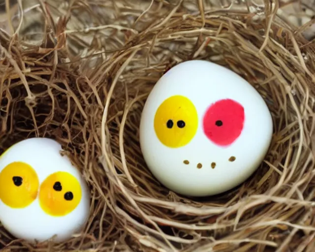 Image similar to eggs with happy faces on them. they have arms and legs made of twigs.