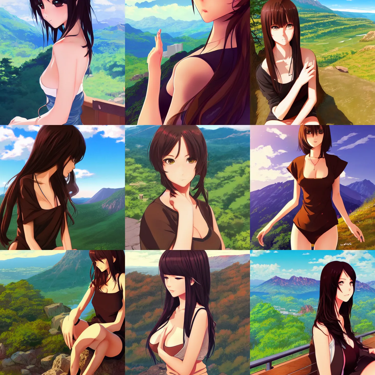 Prompt: sexy girl wearing a low cut blouse, long brown hair, luscious lips, scenic view, mountain landscape, artstyle : high definition anime and ilya kuvshinov