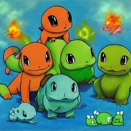 Prompt: Bulbasaur, Charmander, Squirtle in one big family painting