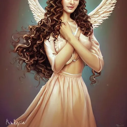 Image similar to beautiful female angel, brunette with big smile and curly hairstyle, looks like Ebru Şahin, Reyyan, looks like Fabiula Nascimento, looks like Laura Barriales, D&D, fantasy, intricate, elegant, highly detailed, digital painting, artstation, concept art, character design, smooth, sharp focus, illustration, art by artgerm and greg rutkowski and alphonse mucha